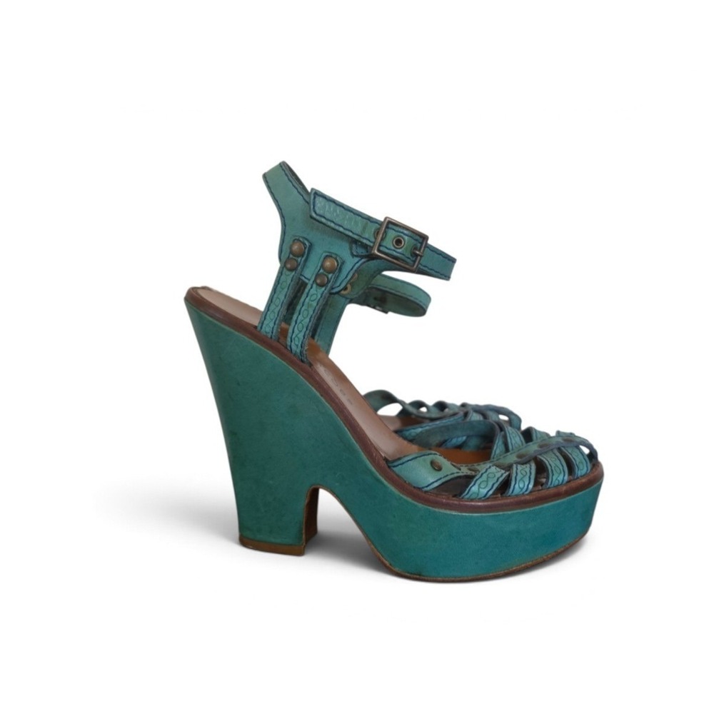 Marc Jacobs Y2K Boho Teal Studded Leather Platform Wedges Sandals sz 38.5 Us 8